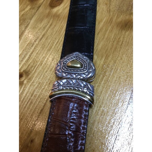 Vintage Brighton Two Tone Reversible Leather Belt Brown Black Embossed Design - Picture 5 of 10